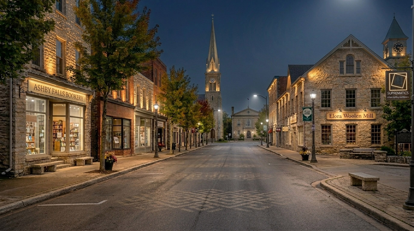 Beautifully lit Canadian main street — after Suprematics